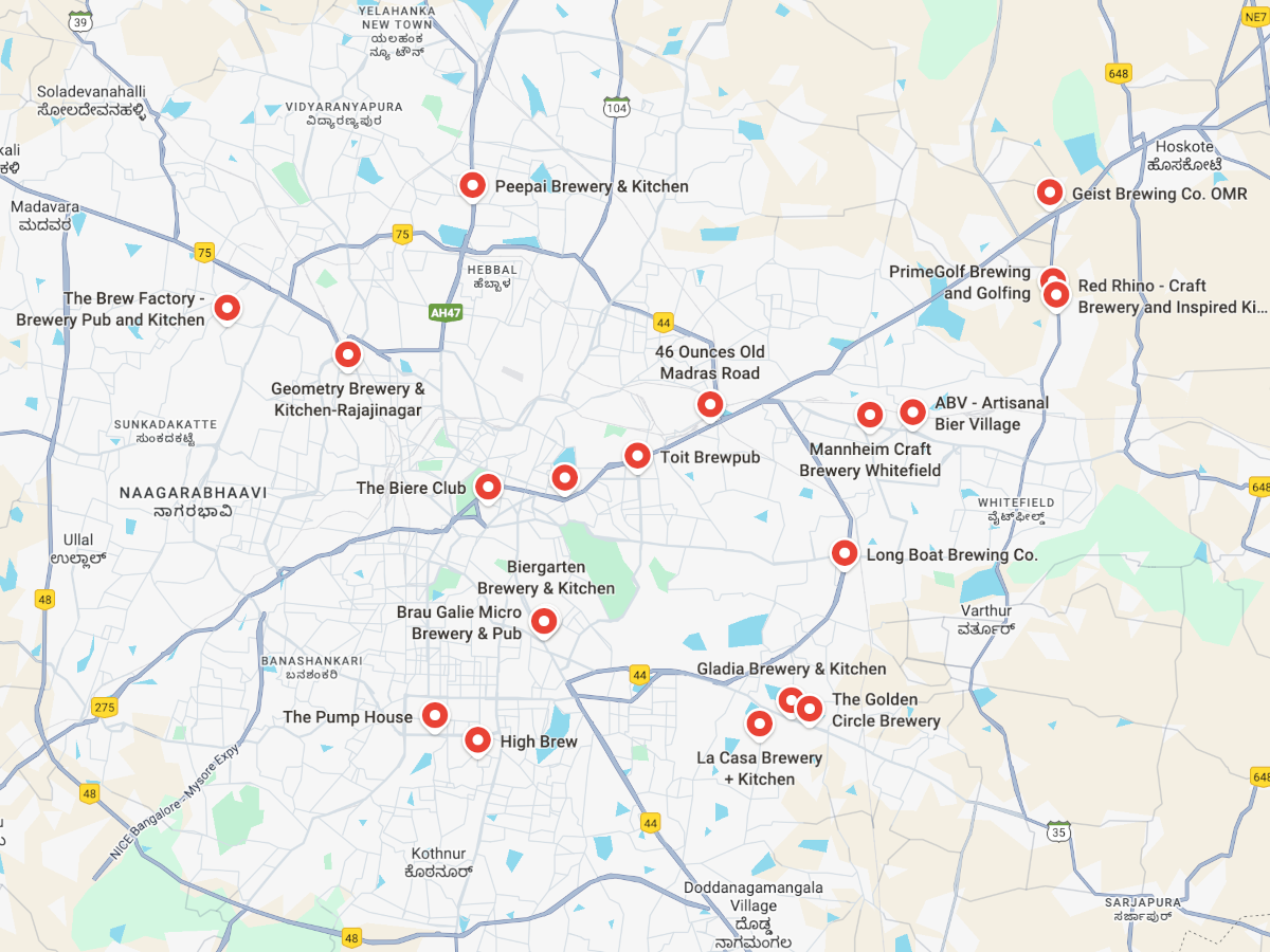 Google Maps view of Bangalore Craft Crawl trail showing all brewery locations